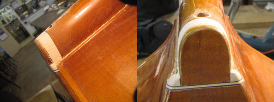 Left:- a double bass needing major structural repairs  Right:- another view of the same bass