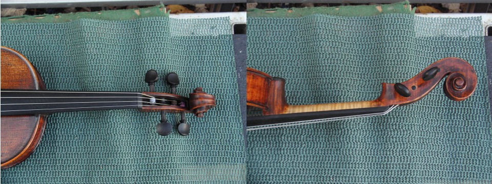 Left:- a viola needed a completely new neck    Right:- a side on view of the same viola