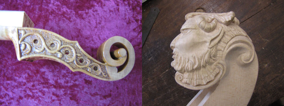 Pupils occasionally make more unusal instruments. Here we see the pegbox of a quinton on the left and on the right a beautiful carved head for a violincello piccolo.