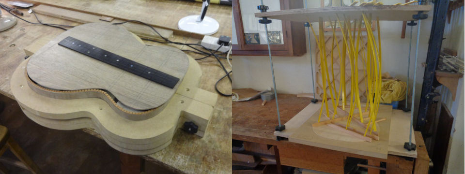 A fretboard ready for fretting on a cut out back and ribs - gluing in the bracing on the front using a go-bar deck